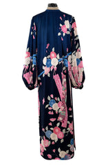 Incredible 1970s Hanae Mori Finest Possible Blue Silk Caftan Dress w Pink Floral Print