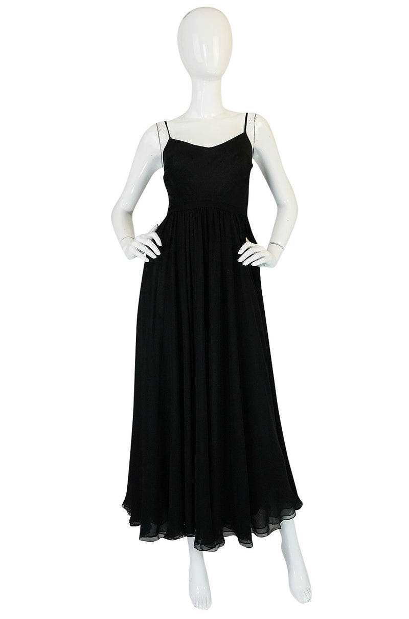 Wonderful c1974 Halston Black Bias Cut Silk Chiffon Dress