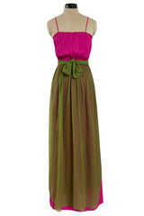 Gorgeous 1970s Galanos Couture Bright Pink & Moss Green Silk Chiffon Dress