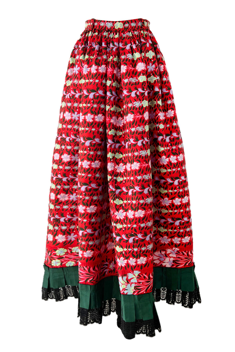 Early 1970s Lanvin by Jules-Francois Crahay Demi-Couture Printed Red Silk Skirt w Green & Lace Edging