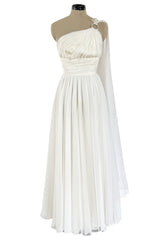 Prettiest 1960s Kiki Hart One Shoulder White Chiffon Dress w Full Skirts & Cascading Panel
