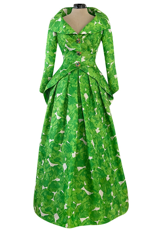 1980s Jean Louis Scherrer Couture Printed Green Silk Gazar Dress w Poured Glass Gripoix Buttons