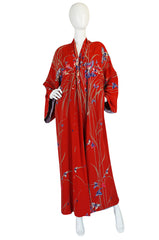 1970s Hanae Mori Red Silk Butterfly Print Kimono