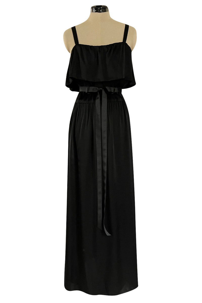 Superb Late 1970s Christian Dior by Marc Bohan Minimalist Demi-Couture Black Silk Dress