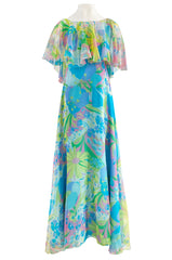 1970s Stavropoulos Couture Bias Cut Pastel Floral Turquoise Silk Chiffon Dress w Caped Detail