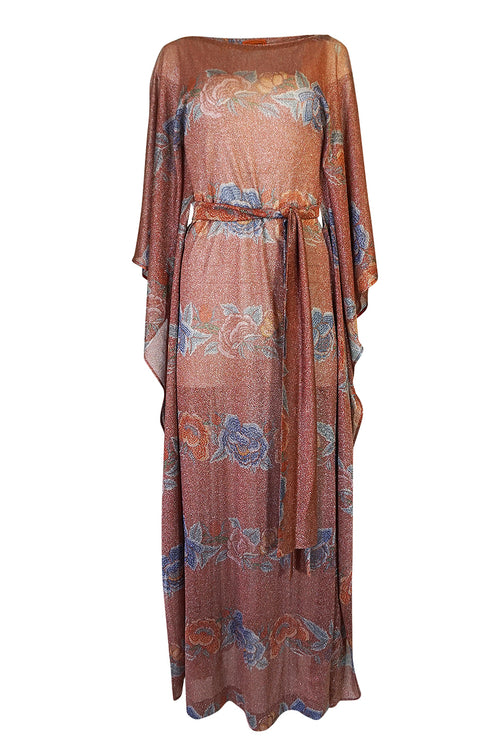 Iconic c.1972-73 Missoni Floral Print Metallic Lurex Caftan Dress