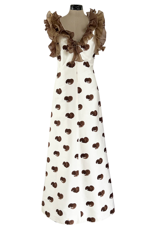 Fabulous Spring 1974 Andre Courreges Sculpted Abstract Heart Print Dress w Ruffle Detailing