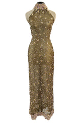 Incredible 1990s John Anthony Couture Gold Lame Mesh Beaded Dress w Beaded Choker