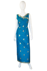 1950s Blue Fine Tissue Silk & Gold Gown