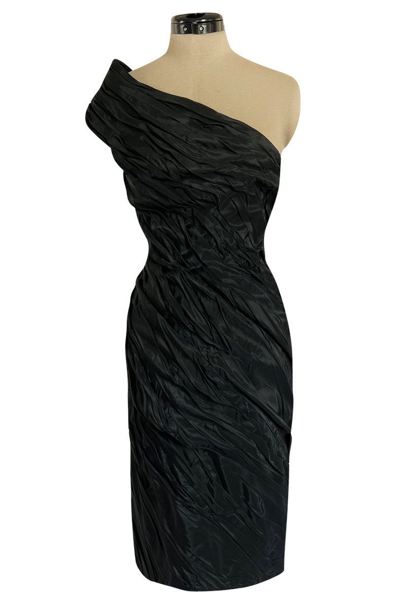 1980s Antony Price Hand Gathered One Shoulder Black Taffeta Dress