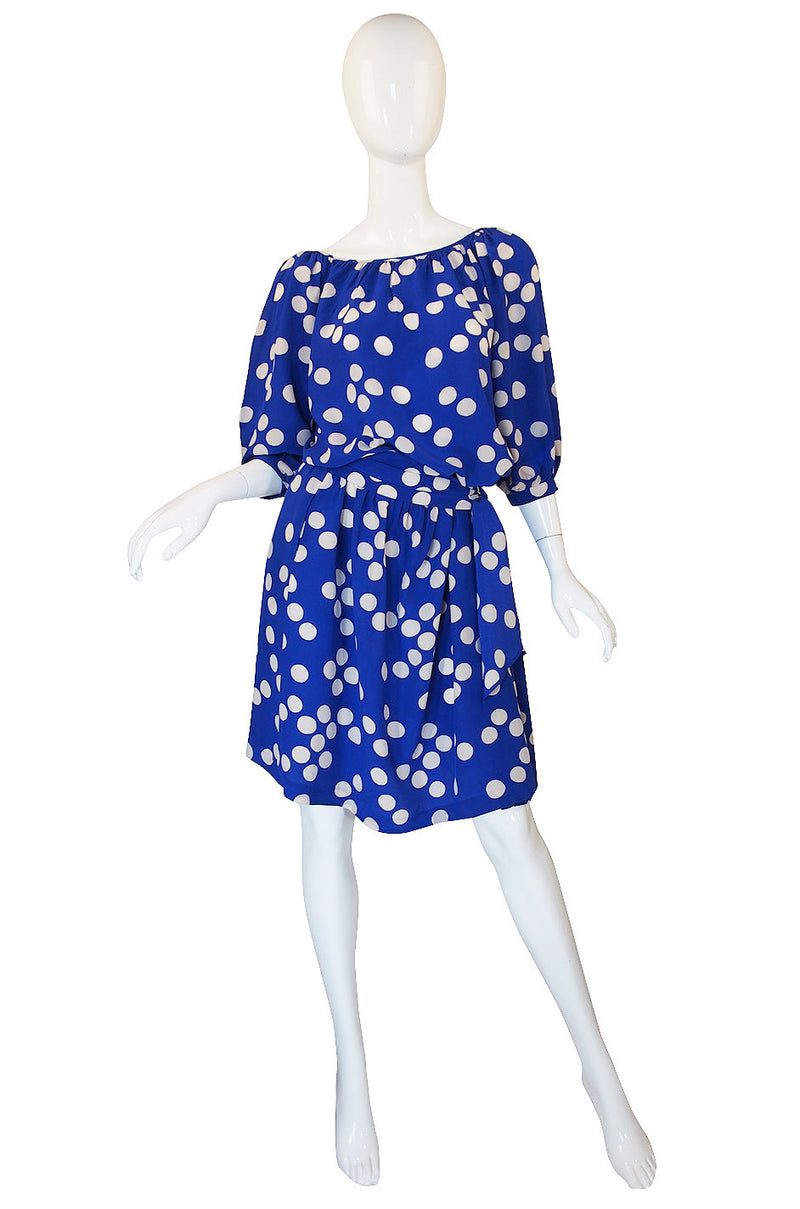 1970s Ted Lapidus Blue Silk Dot Dress