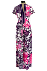1960s Gino Charles for Malcolm Starr Purple & Pink Printed Jumpsuit w Extra Wide Legs
