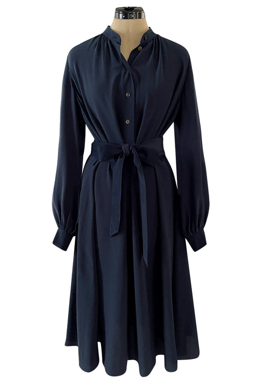 Early 2000s Lanvin by Alber Elbaz Deep Navy Blue Silk Shirt Dress W Extra Long Wrap Tie Belt