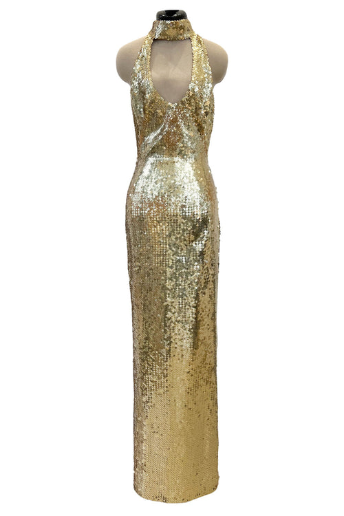 Rare Spring 1973 Loris Azzaro Ad Campaign Documented Gold Metallic Sequin Backless Halter Dress