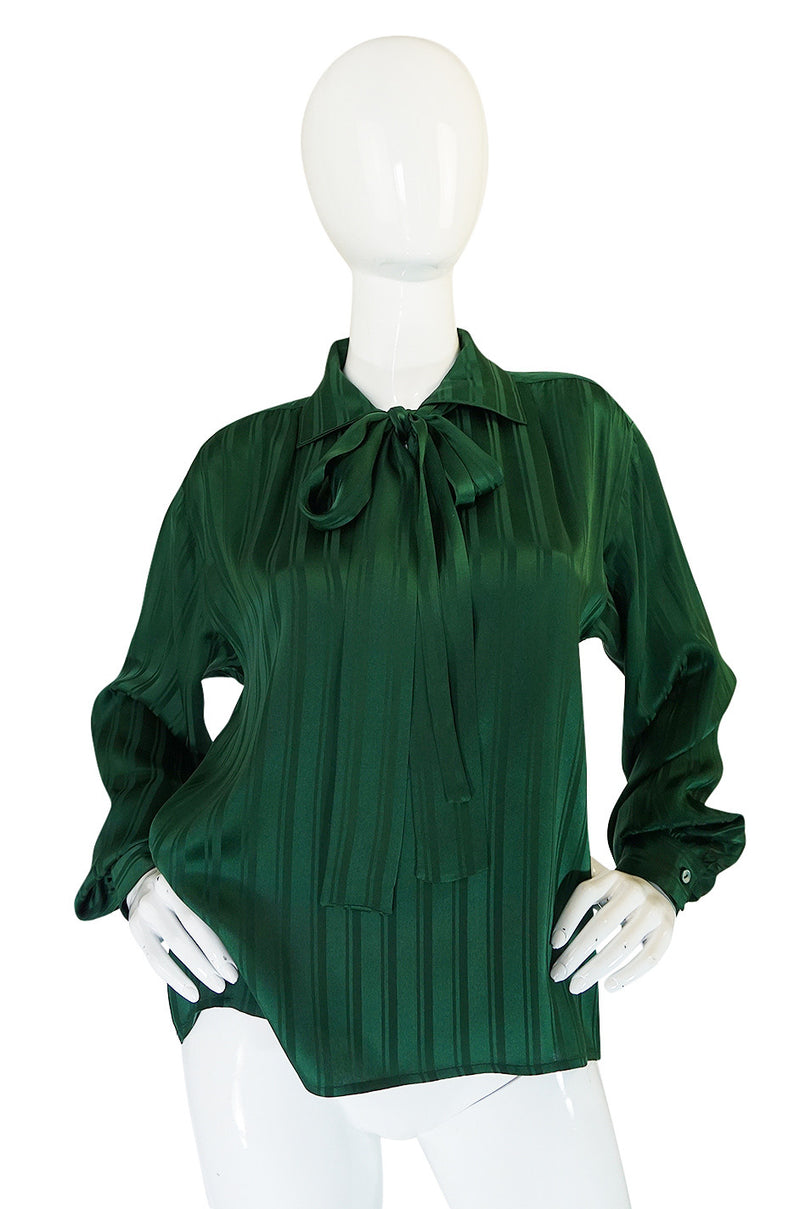 1970s Yves Saint Laurent Green Silk Stripe on Stripe Top