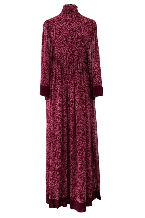 Incredible 1969-1972 Christian Dior by Marc Bohan Demi-Couture Numbered Silk Chiffon Burgundy Dress