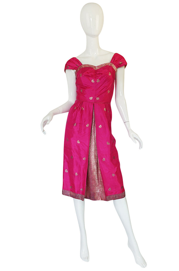 1950s Fine Tissue Silk Bright Pink Dress & Coat Set