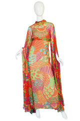 1970s Saks Floor Length Sleeve Silk Dress
