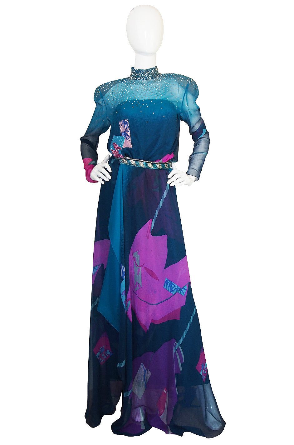 1970s Hanae Mori Gold Metallic Lame Floral Printed Black Silk Chiffon Dress main image 0