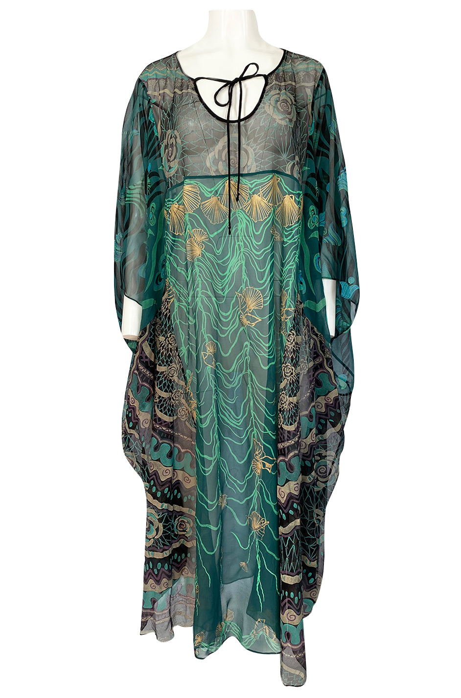 Sandra Rhodes Shells 1980s Zandra Rhodes Hand Painted Shell & Floral Green Silk Caftan Dres ...