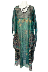 1980s Zandra Rhodes Hand Painted Shell & Floral Green Silk Caftan Dress