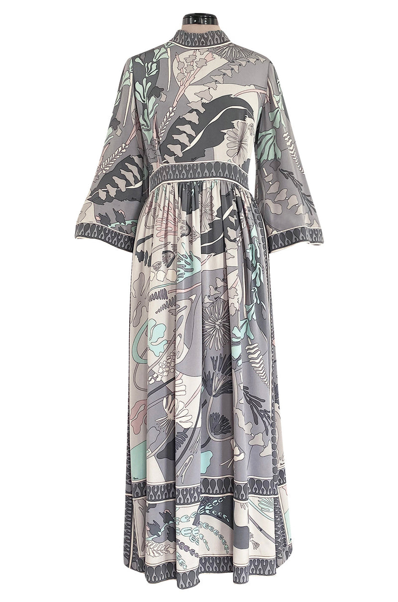 1960s Bessi Pastel Grey Pink & Turquoise Silk Jersey Print Dress w Wid Shrimpton Couture 1960s Bessi Pastel Grey Pink & Turquoise Silk Jersey Print Dress w Wid Shrimpton Couture