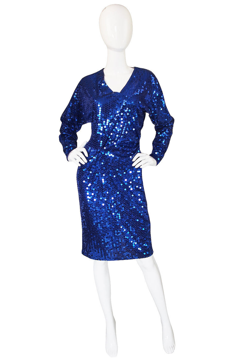 1980s Oleg Cassini Blue Sequin Dress