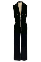 Brilliant 1971 Andre Courreges Black Velvet Jumpsuit w Silver Studs & Zip Front