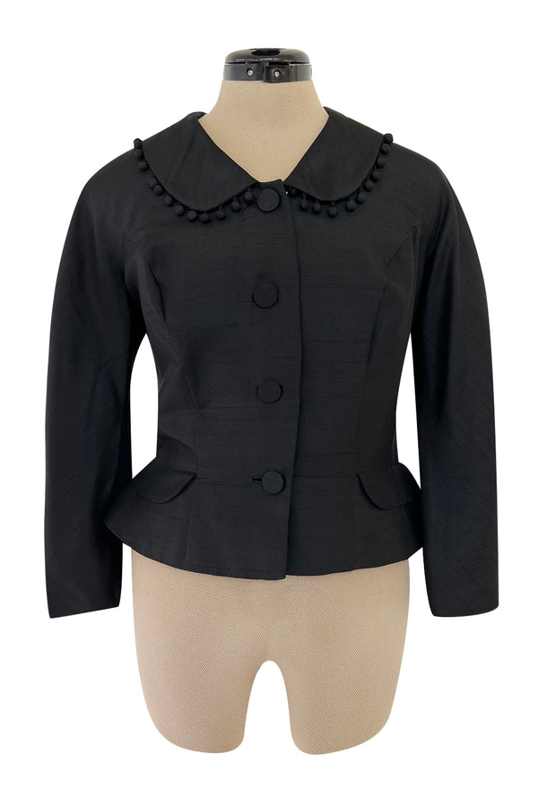 Gorgeous 1950s Unlabeled Black Silk Jacket w Silk Ball Fringe Detailing