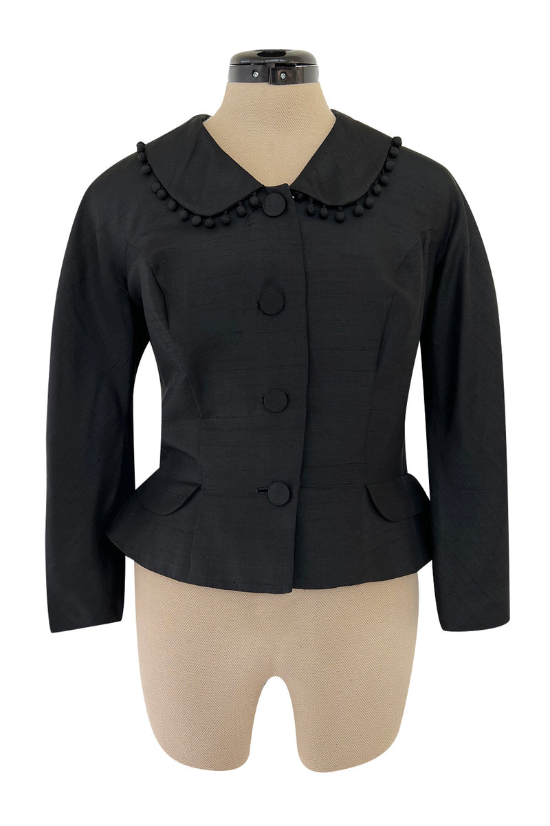 Gorgeous 1950s Unlabeled Black Silk Jacket w Silk Ball Fringe Detailing