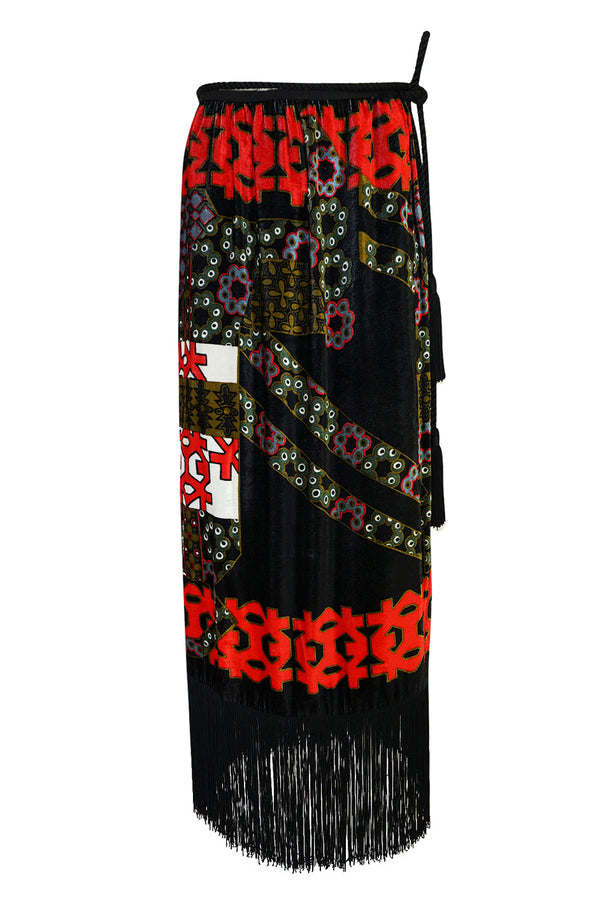c.1971 Lanvin Demi-Couture Fringe Printed Panne Velvet Skirt