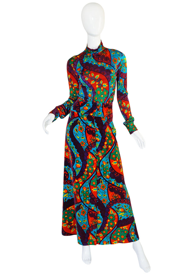 1970s Brilliant Print Velvet Skirt & Silk Turtleneck Set