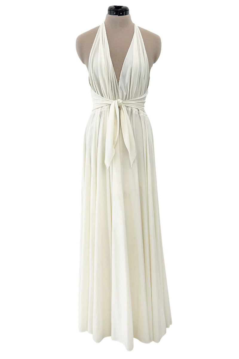 Faboulous 1970s Halston Ivory Jersey Dress W Plunged Front Full Skirt Tie Waist