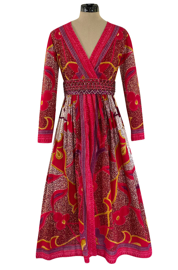 1960s Malcolm Starr Bright Cherry Pink Floral Batik Print Dress w Hand Beaded Belt