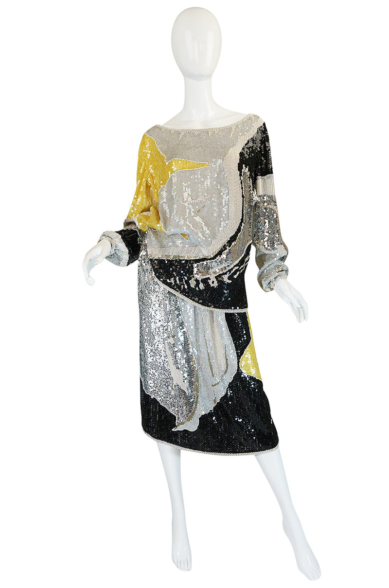1983 Halston Sequin and Bead Covered Top & Skirt Dress Set