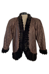 Fabulous 1980s Yves Saint Laurent Oversized Metallic Bronze Quilted & Fur Trimmed Jacket