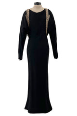 Fabulous 1930s Black Bias Cut Silk Crepe Dress w Unusual Rhinestone & Beaded Applique