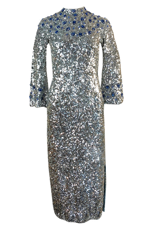 c.1967 Gene Shelly Blue Crystal & Silver Sequin Stretch Knit Dress