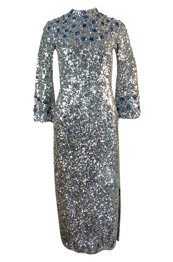 c.1967 Gene Shelly Blue Crystal & Silver Sequin Stretch Knit Dress