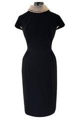 Early 2000s Moschino Cheap & Chic Black Stretch Crepe Dress w Removable Pearl Collar