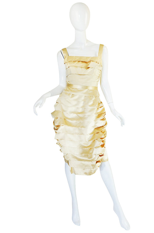 1950s Demi-Couture Pale Yellow Silk Satin Pleat Dress