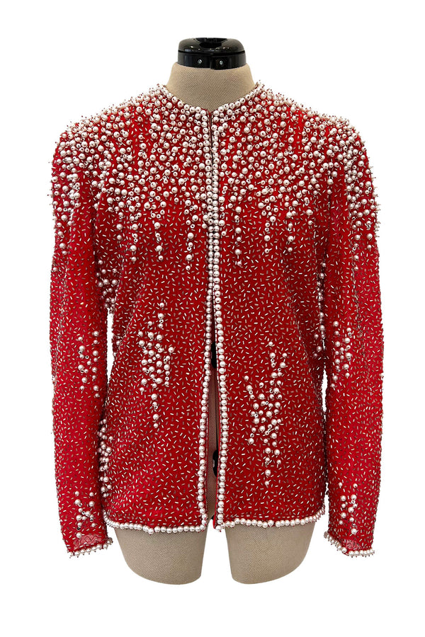 Prettiest 1980s Victoria Royal Faux Pearl & Silver Tube Bead Red Jacket