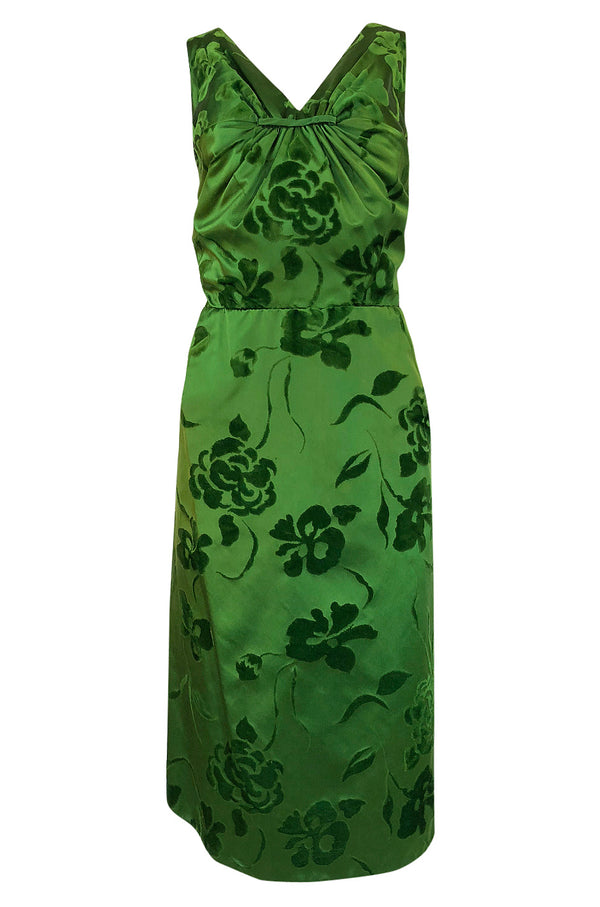 c.1955 Jean Desses Green Silk Dress w Fused Velvet Detailing