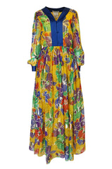 1970s Givenchy Silk Chiffon Floral & Metallic Heart Print Dress