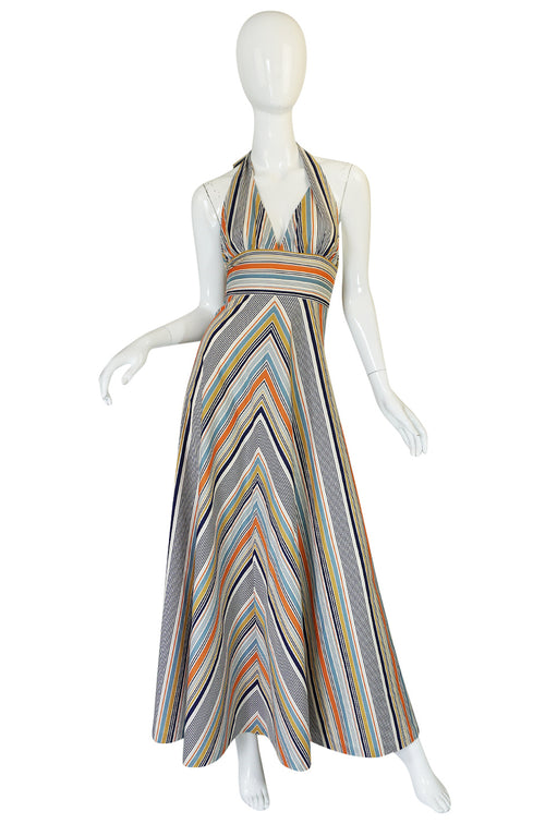 1970s Backless Cotton Striped Halter Top Maxi Sun Dress