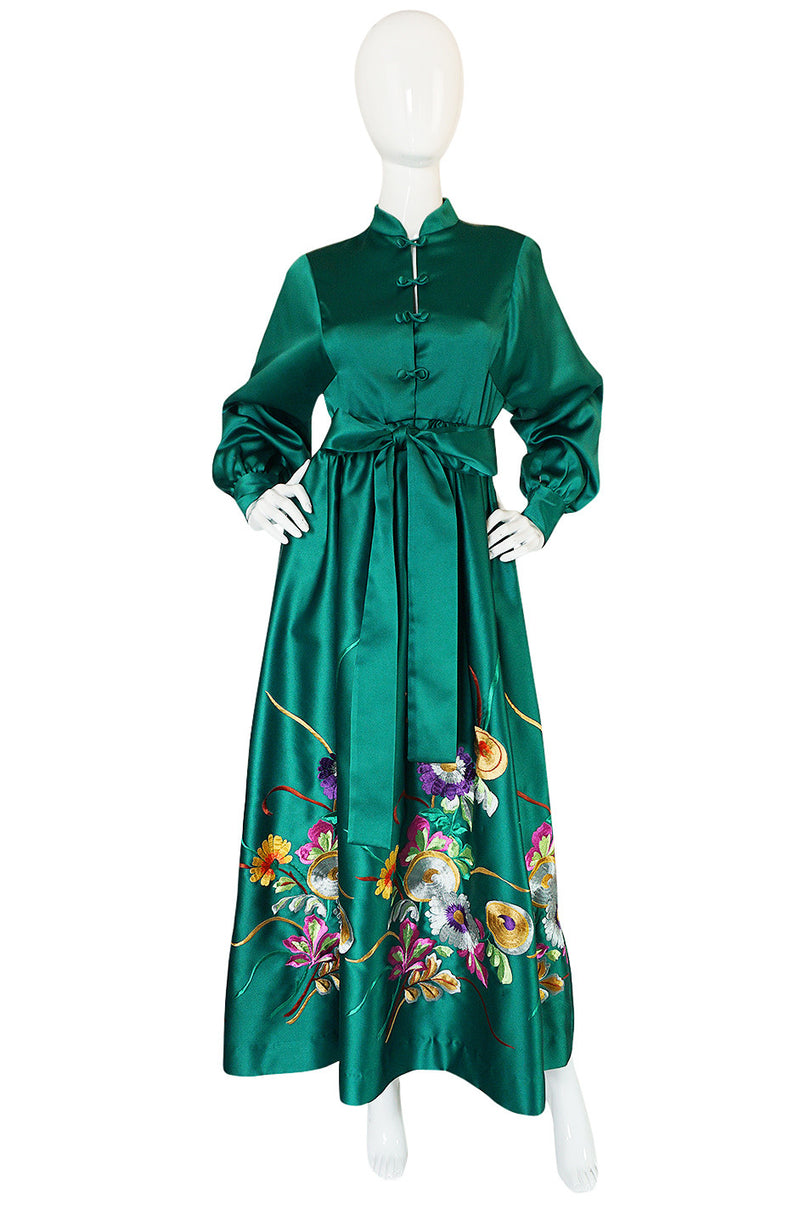 1960s Teal Traina Emerald Green Embroidered Silk Dress