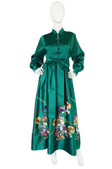 1960s Teal Traina Emerald Green Embroidered Silk Dress