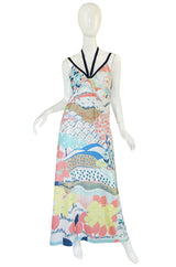 1970s Lanvin Pastel Scenic Printed Jersey Maxi Dress