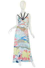 1970s Lanvin Pastel Scenic Printed Jersey Maxi Dress