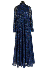 Incredible 1970-1972 Mollie Parnis Blue Sequin on Silk Chiffon Caftan Dress w Wide Sleeves